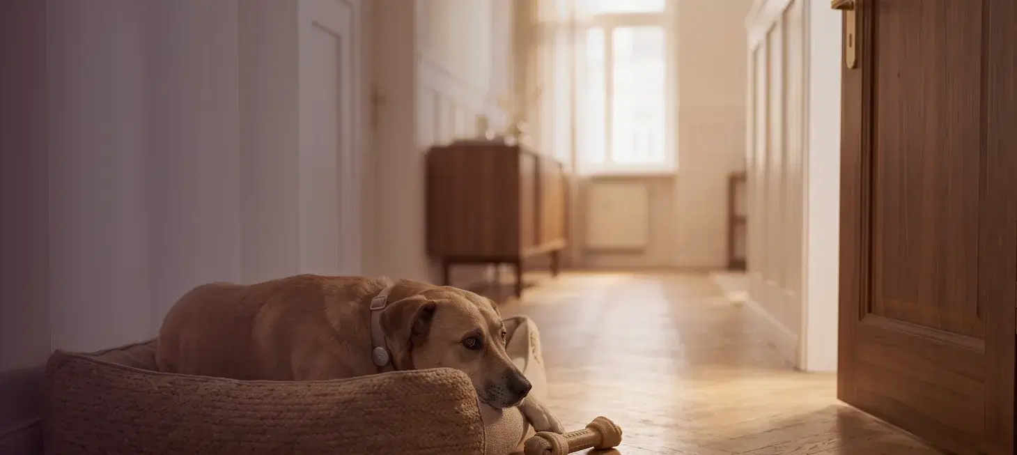 Hund liegt allein in seinem Körbchen in einem sonnigen Flur, trägt das Voicari Wearable und wartet auf die Rückkehr seiner Bezugsperson