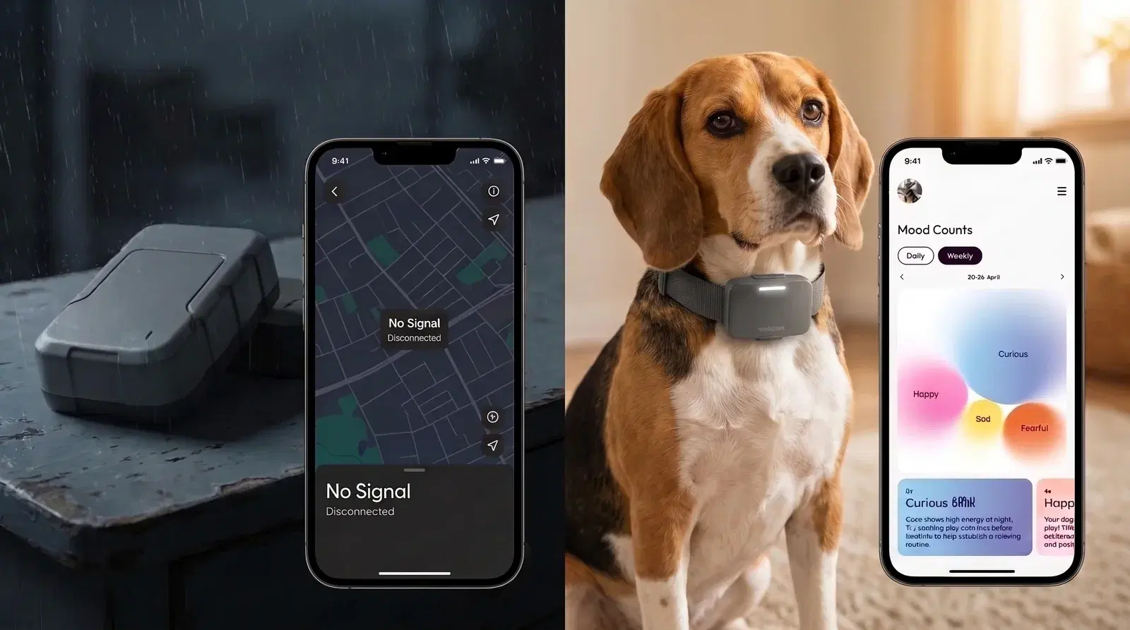 Ein Hund trägt das Voicari-Gerät, daneben ein Smartphone mit einer warmen, lebendigen Emotions-Timeline